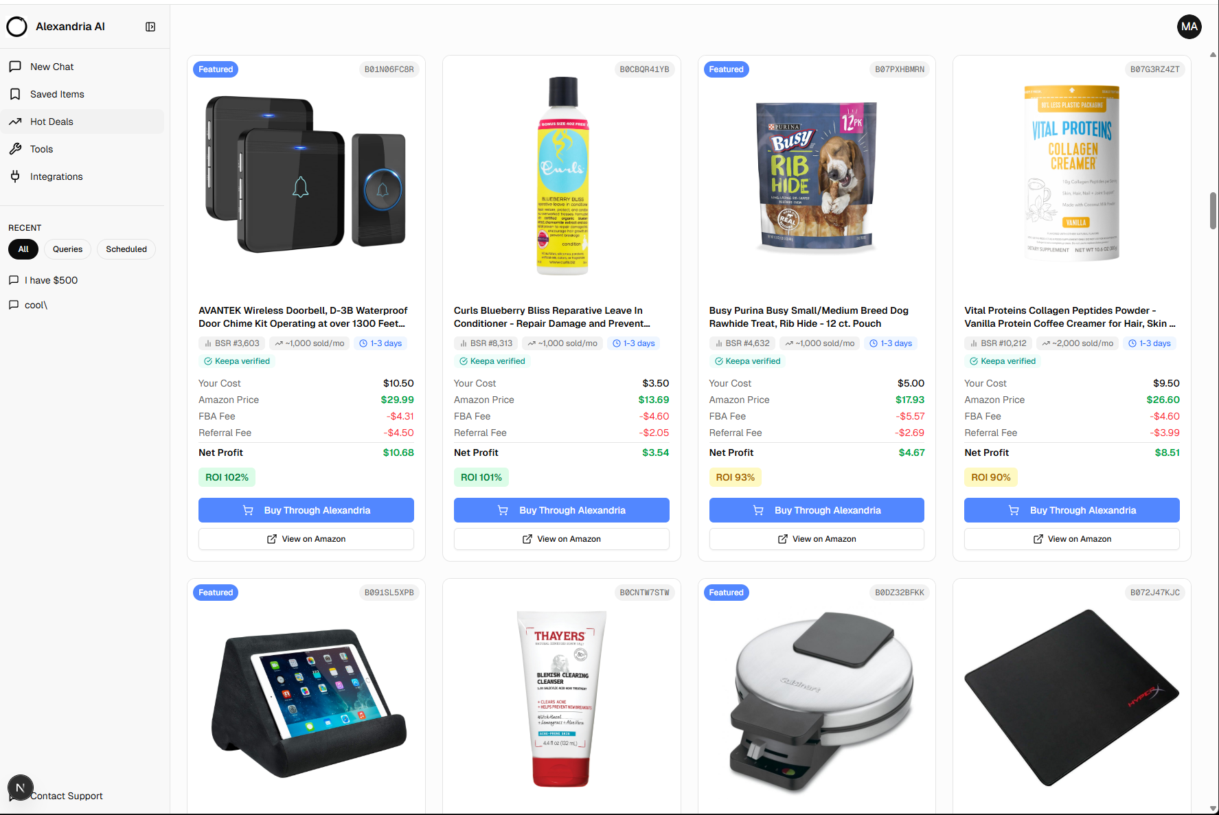 Alexandria AI deals dashboard with real wholesale products