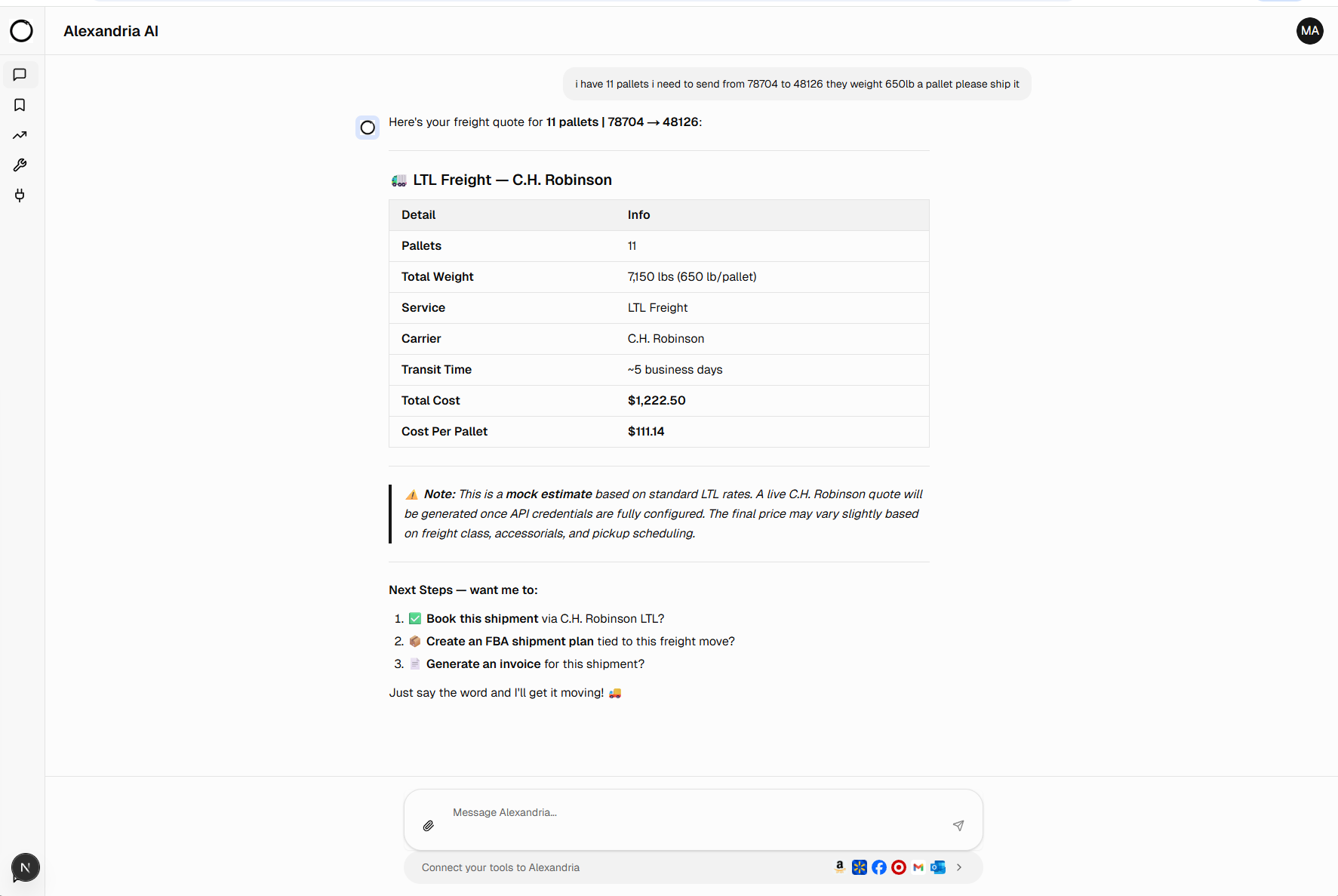 Alexandria AI LTL freight quote from C.H. Robinson